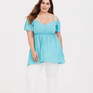 Torrid Aqua Button Up Cold Shoulder top Size 4